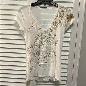 Elie Tahari Women's White and Gold Paisley Top size Small